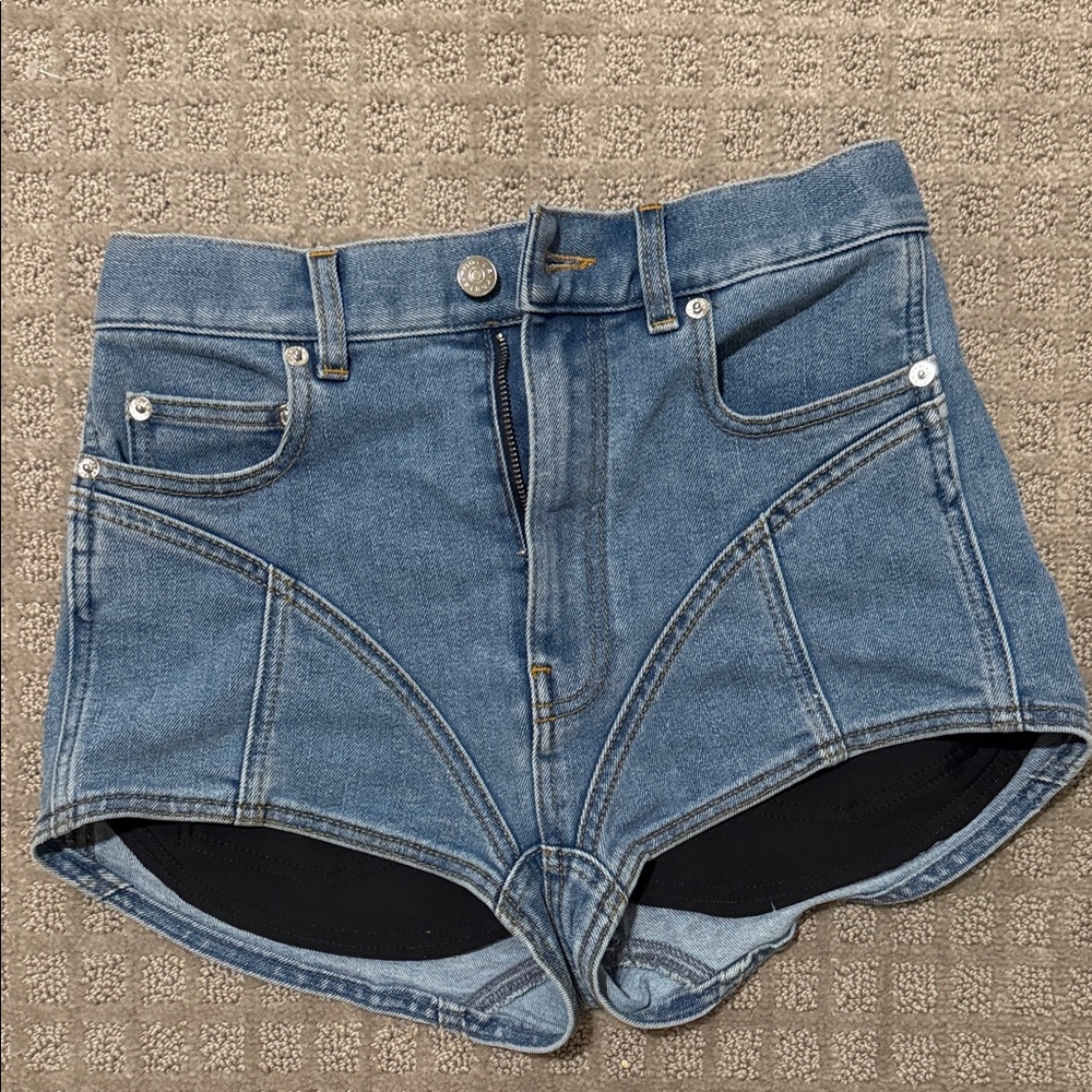 Mugler Light Blue Denim Shorts with Black Circular Back Panels - Picture 2 of 4